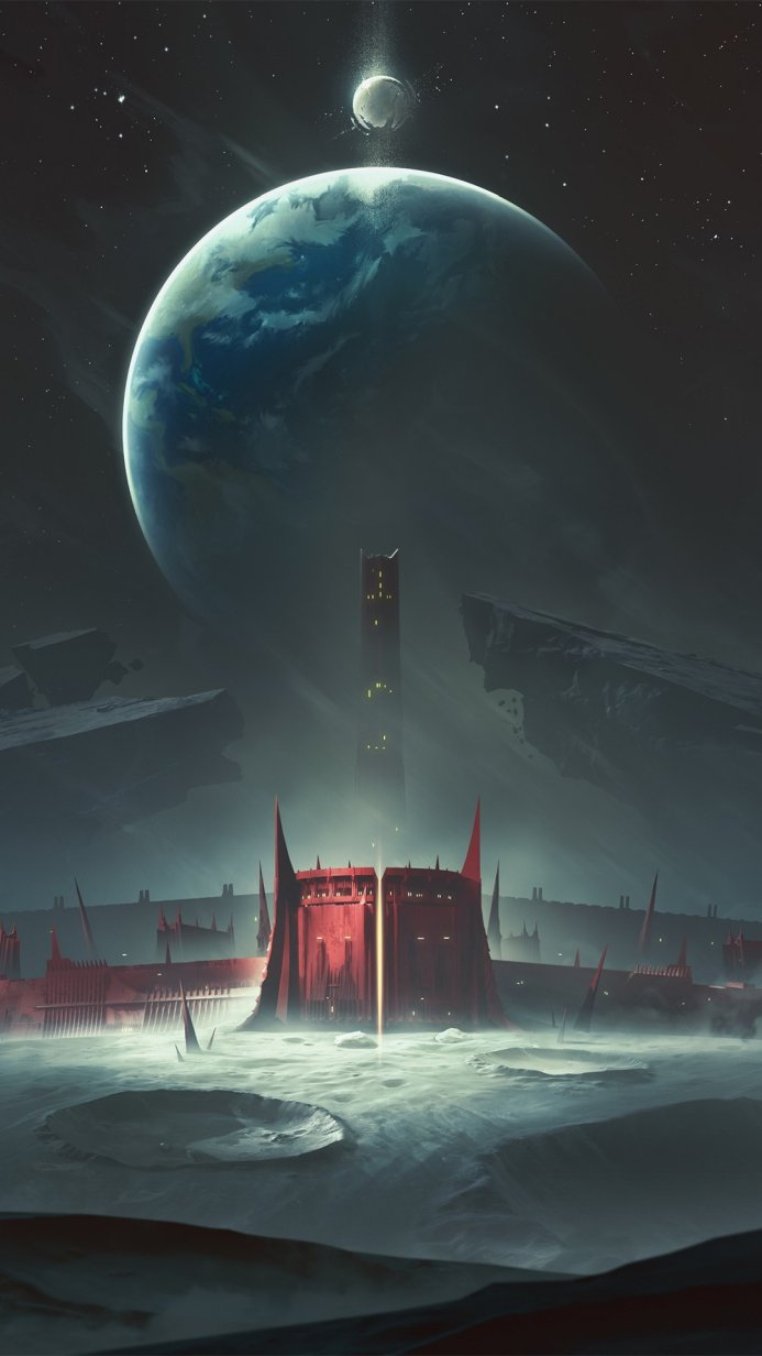 Futuristic city on a moon with a giant planet in the background