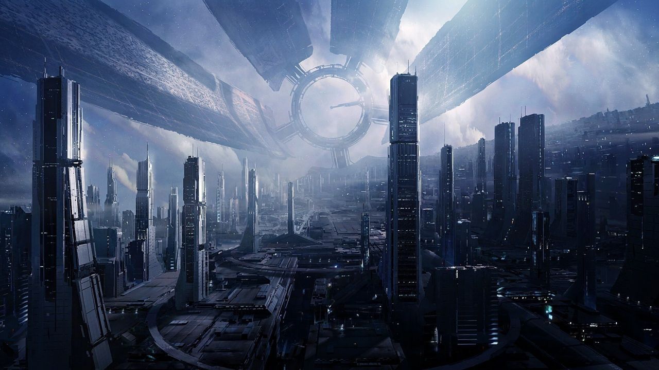 Futuristic city and large space station structures