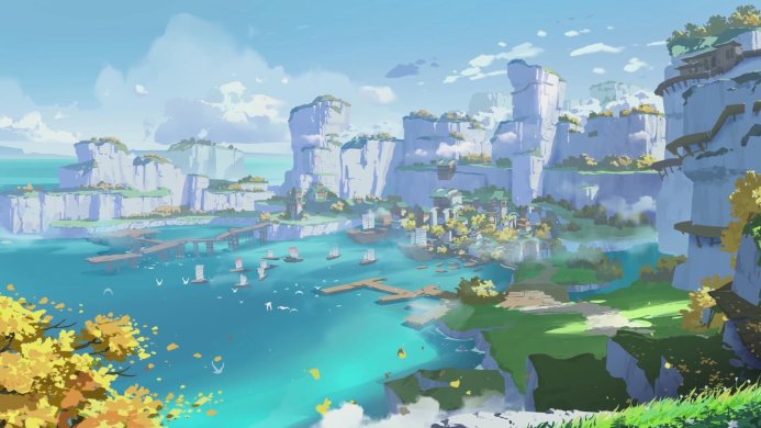 Landscape from Genshin Impact: mountains, sea, and architecture under a bright blue sky
