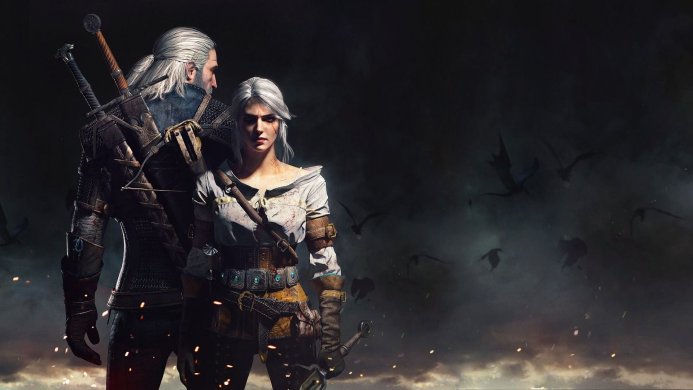 Geralt and Ciri from The Witcher game, standing together against a dark background