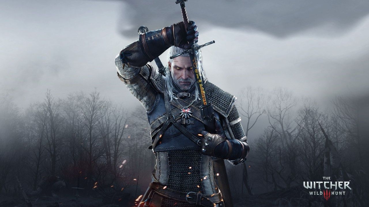Geralt of Rivia in armor with a sword in a forest