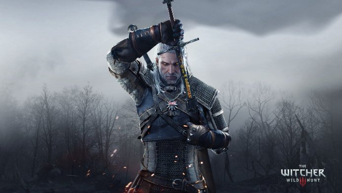 Geralt of Rivia, from The Witcher 3: Wild Hunt, in armor holding a sword