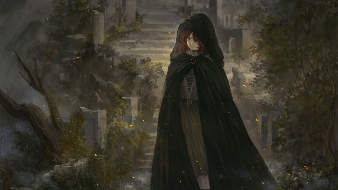 Character in hooded cloak standing on overgrown ruins