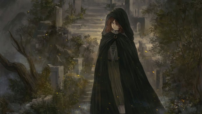 A girl in a dark cloak stands amidst overgrown ruins, with a mysterious atmosphere