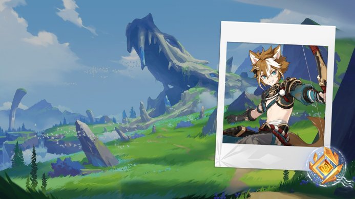 Gorou, a character from Genshin Impact, smiling and holding a bow and arrow
