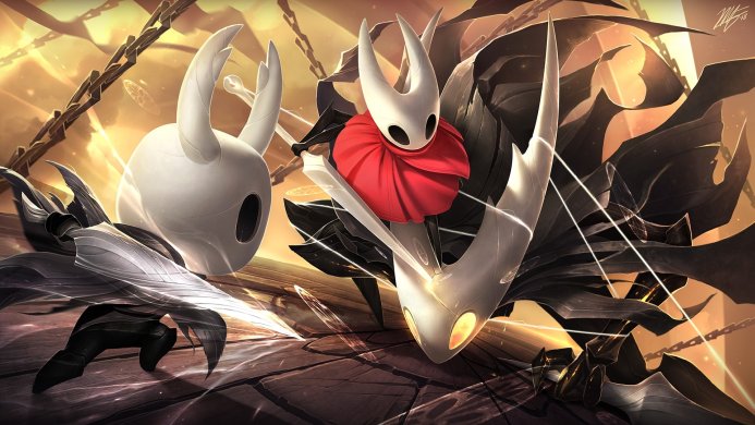 Characters from Hollow Knight, The Knight and Hornet, in a dynamic pose