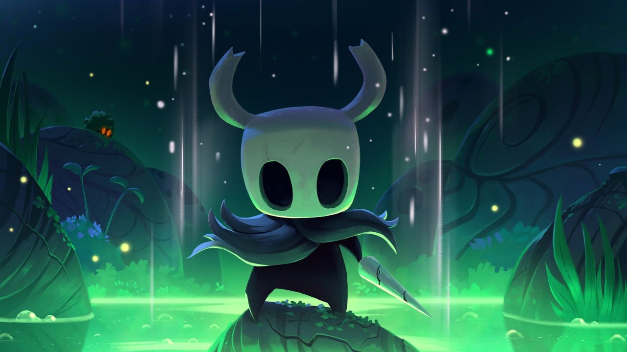 The Knight from Hollow Knight in a glowing swamp