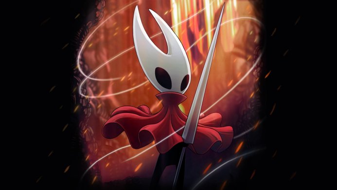 Hornet from Hollow Knight, holding a needle weapon with an orange background