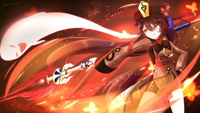 Hu Tao from Genshin Impact in action with a spear against a fiery background