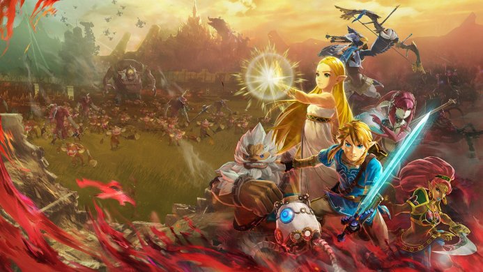 Characters from Hyrule Warriors: Age of Calamity in a dynamic battle scene against hordes of enemies