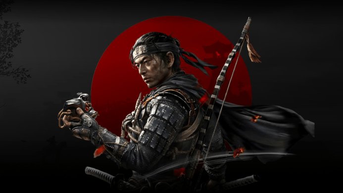 Jin Sakai from Ghost of Tsushima holding a mask, with a red sun in the background