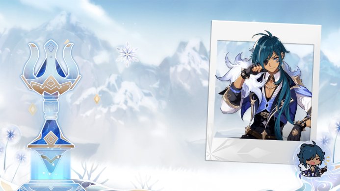 Kaeya from Genshin Impact in a photo frame with winter background