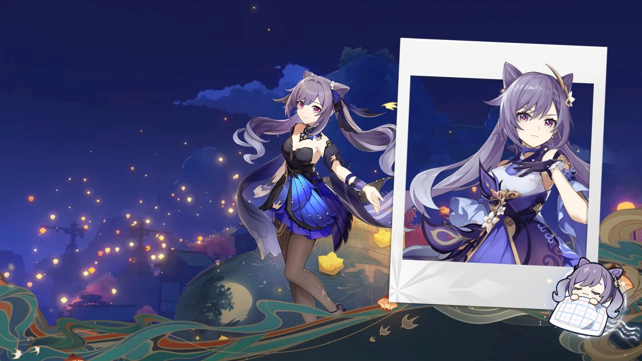 Keqing from Genshin Impact dual image with lanterns