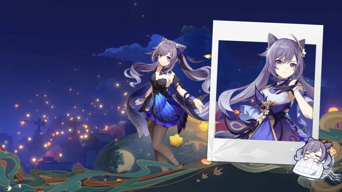 Keqing from Genshin Impact in a blue and black dress with a polaroid picture of herself
