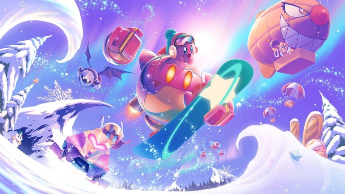 Kirby on a snowboard with Meta Knight and King Dedede in a winter scene