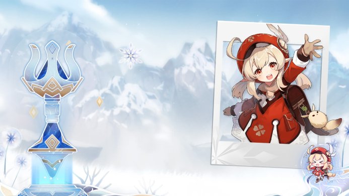 Klee, a character from Genshin Impact, waving in a framed picture with blue and white background