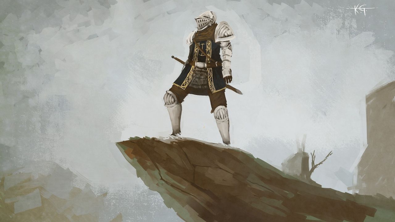 Knight in armor stands on a cliff landscape art