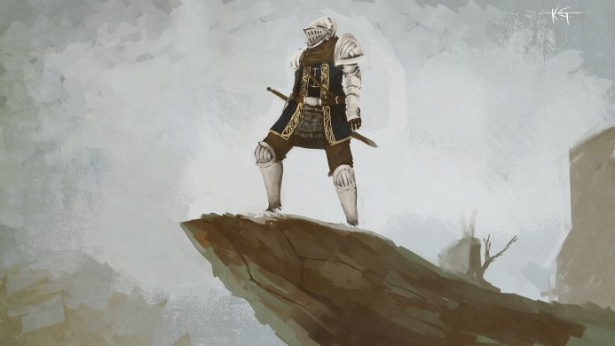 A knight in full armor standing on a rocky cliff