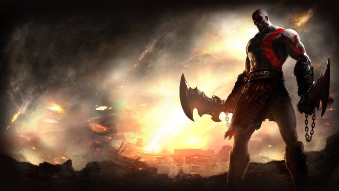 Kratos from God of War, holding his Blades of Chaos, with a red tattoo on his body
