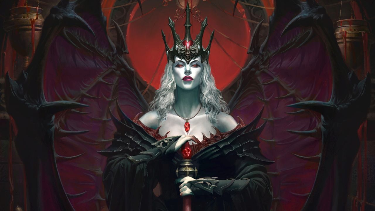 Lilith from Diablo with wings and a crown