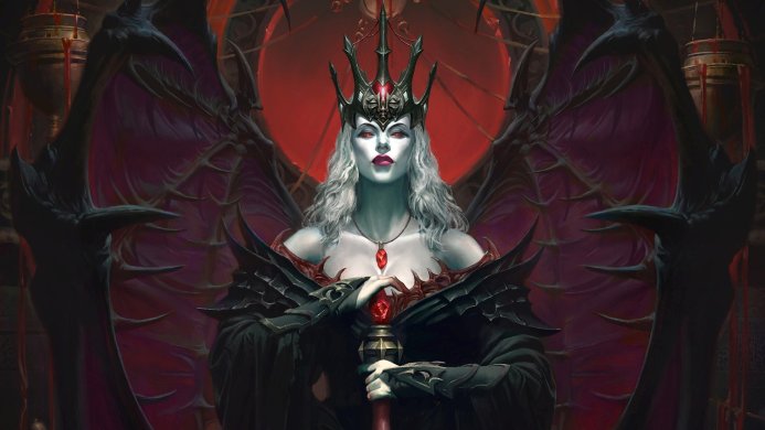 Lilith, a demon queen with wings and a crown, holding a scepter with a red gem