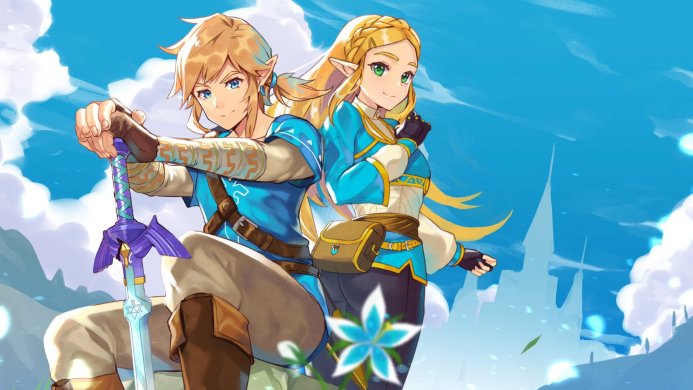 Link and Zelda from The Legend of Zelda standing back-to-back on a white and blue background