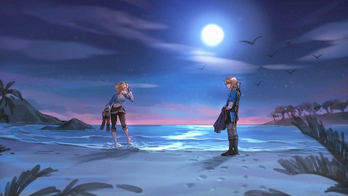 Link and Zelda on a beach under moonlight from The Legend of Zelda