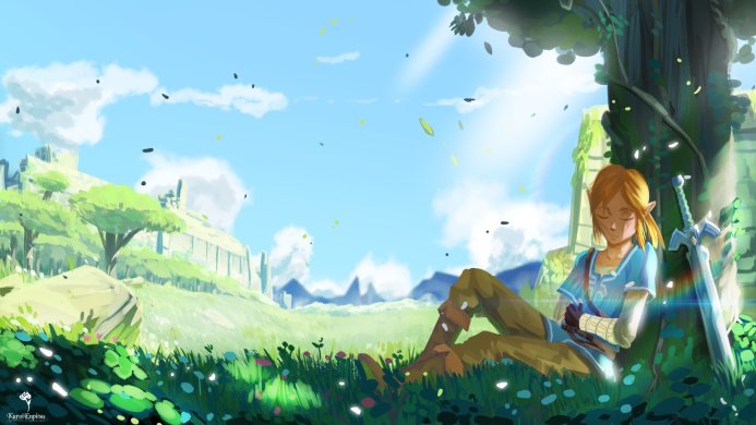 Link resting by a tree with his sword, in a field with flowers from The Legend of Zelda: Breath of the Wild