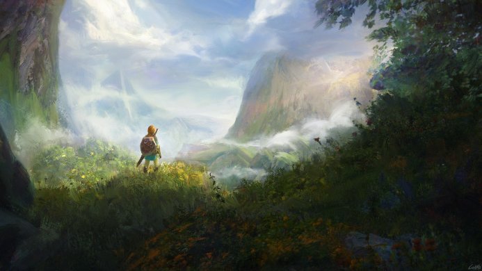 Link from Zelda standing in a field, looking at a mountain range