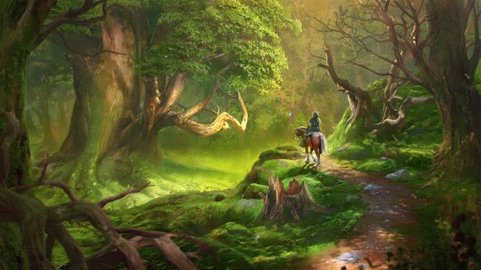 Link from The Legend of Zelda riding a horse through a vibrant green forest