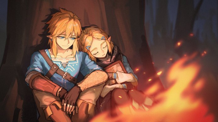 Link and Zelda from Legend of Zelda sit by a campfire