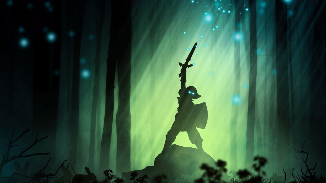 Link silhouette raising sword in misty forest