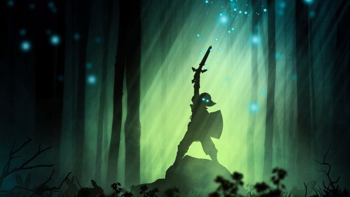 Link from The Legend of Zelda stands in a forest holding the Master Sword aloft