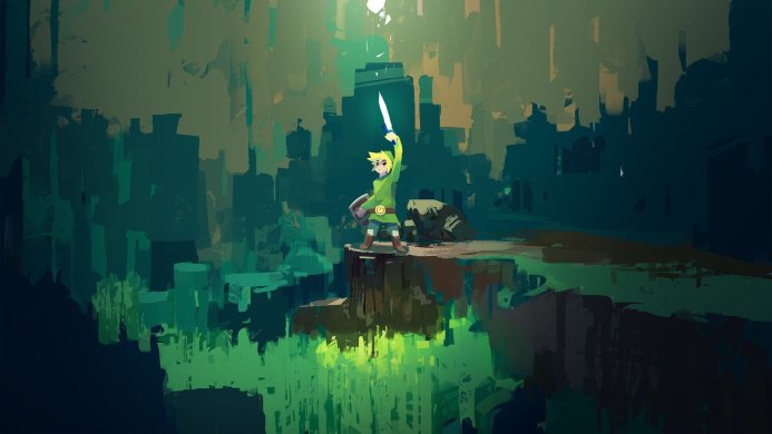 Link from The Legend of Zelda holding sword in a stylized landscape
