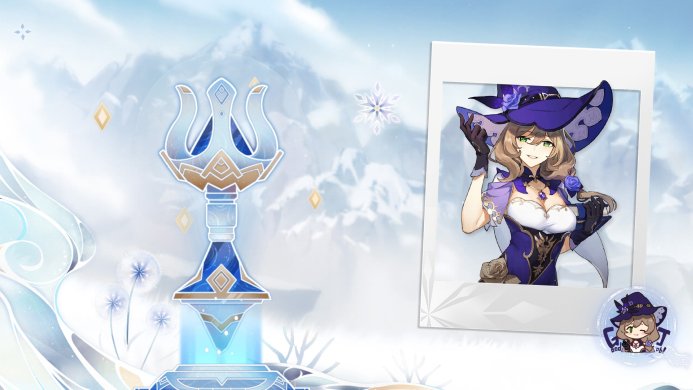 Lisa, a character from Genshin Impact, in a purple dress and hat, on a winter background
