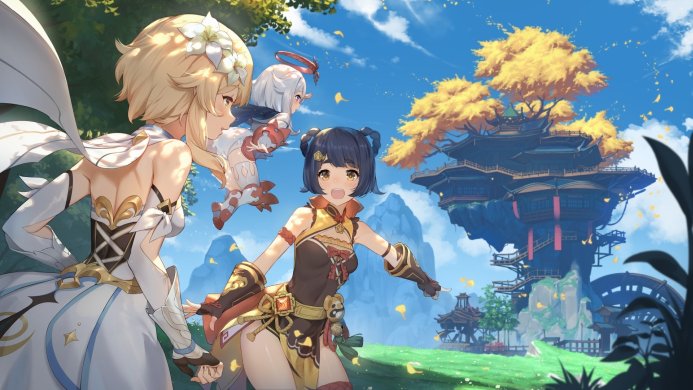 Lumine, Paimon, and Xiangling from Genshin Impact in a fantasy landscape with a floating building