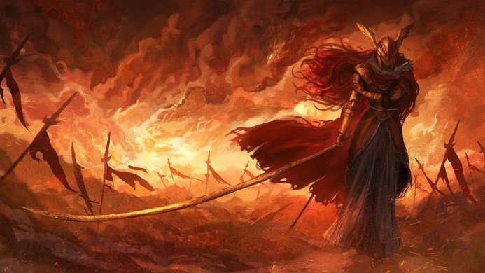 Malenia, Blade of Miquella from Elden Ring, in armor with red hair, stands amidst a burning battlefield