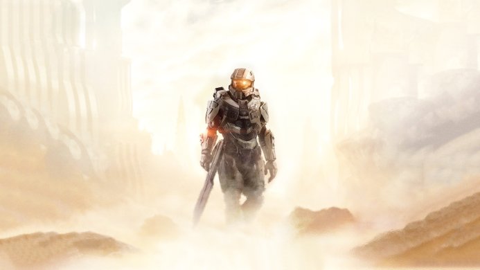 Master Chief, a character from Halo, standing in a foggy landscape with ancient structures