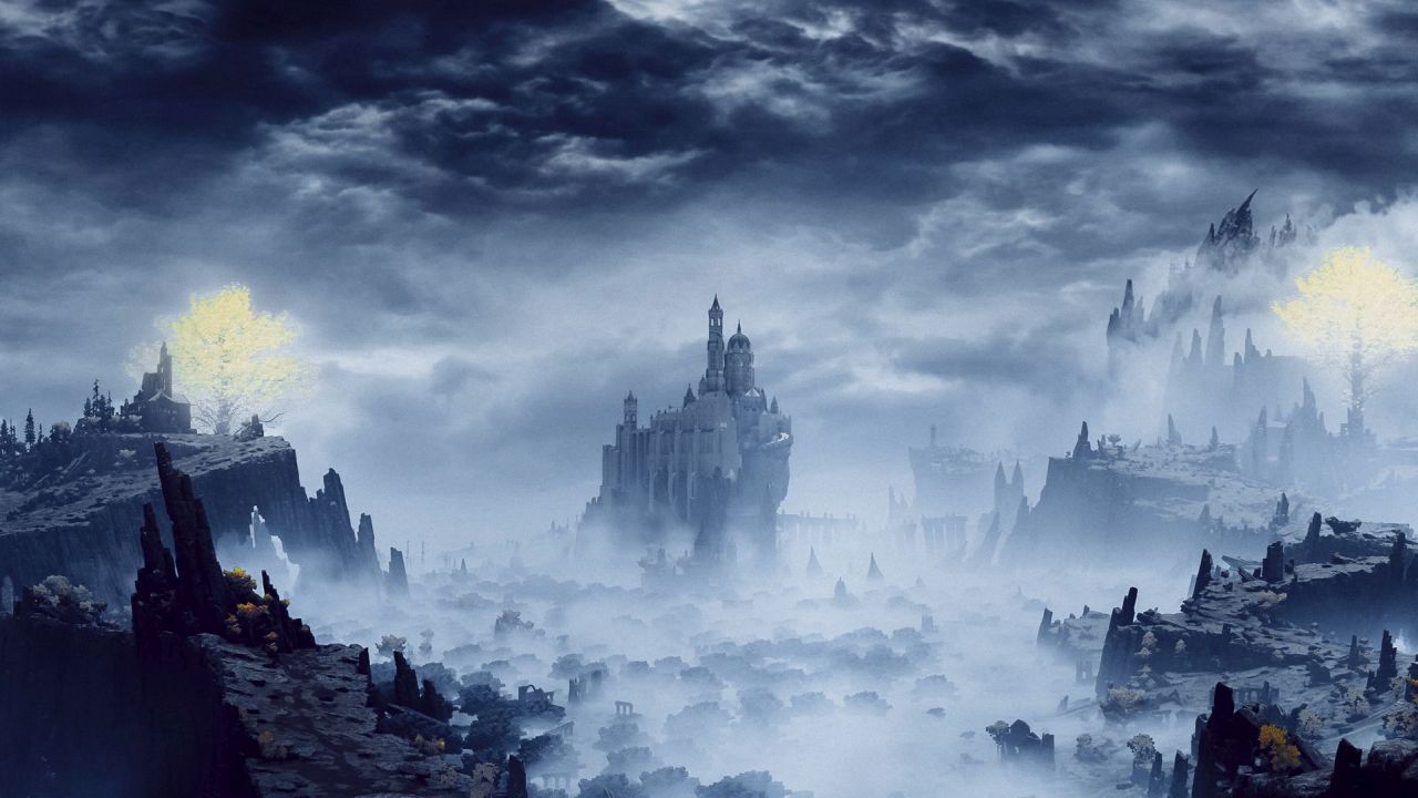 Dark fantasy landscape with castle in fog and glowing trees