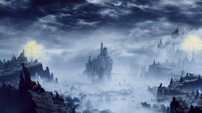 A misty landscape with a grand castle, ancient ruins, and towering cliffs under a cloudy sky