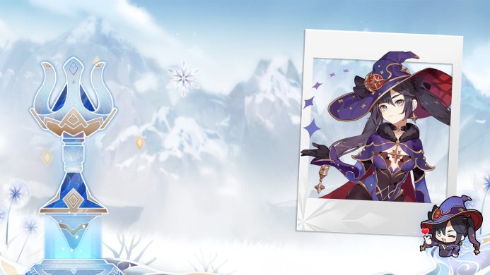 Mona Megistus from Genshin Impact with a witch hat on the background of snowy mountains