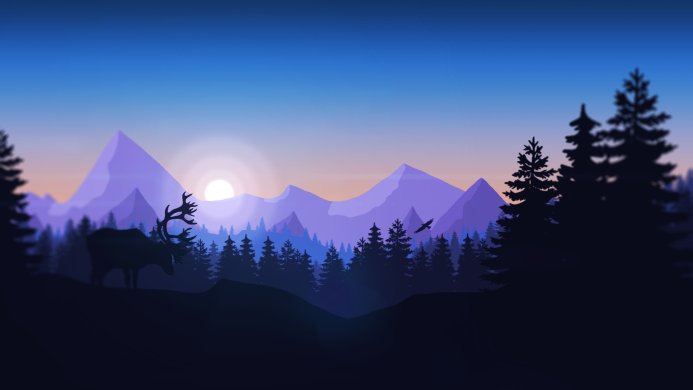 A scenic landscape with mountains, a forest, a deer, and a bird at sunset