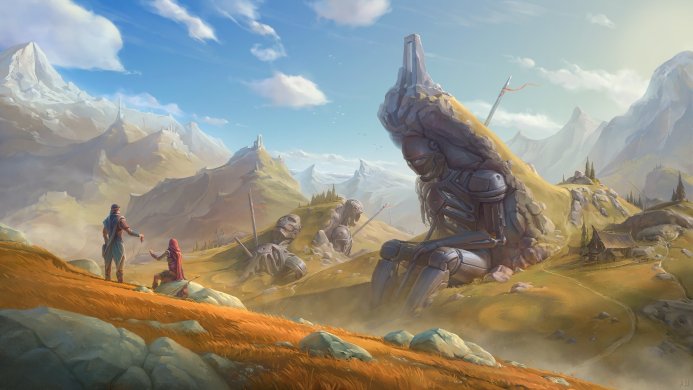 Landscape with mountain range and robot ruins, two people on a hill