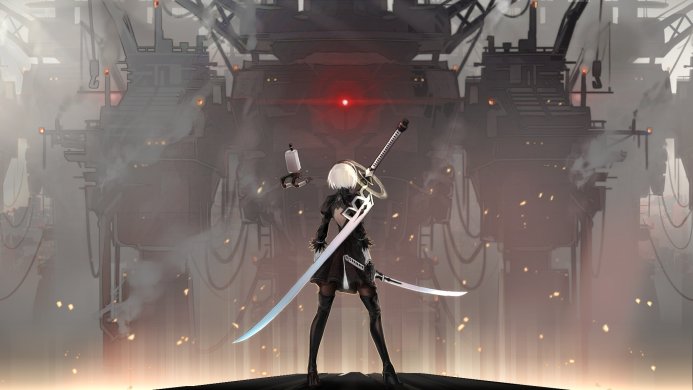 2B from Nier: Automata stands with two swords in a desolate, industrial landscape