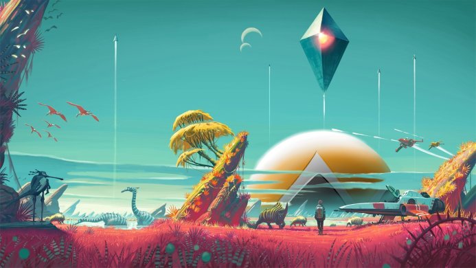 An alien landscape from No Man's Sky with spaceships, animals, a traveller, and the Atlas interface