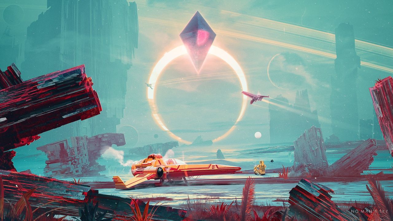 Yellow spaceship on alien planet No Man's Sky landscape