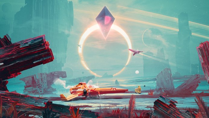 A landscape from No Man's Sky with spaceships and a traveler on an alien planet
