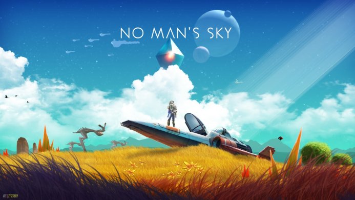 Astronaut on a crashed spaceship in a field, from the video game No Man's Sky