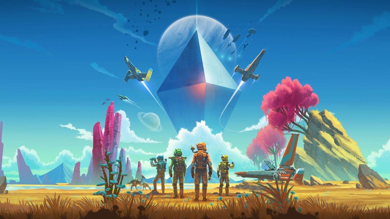Four figures explore alien planet large structure in sky
