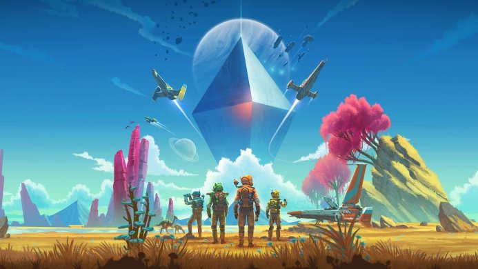 No Man's Sky game art: Astronauts looking at spaceships and a large pyramid in the sky